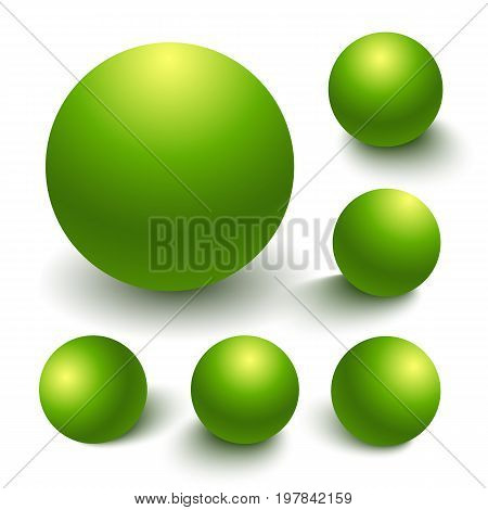 Set of green spheres, matte finish ball with differnt light effects and shadowsisolated on a white background for design elements