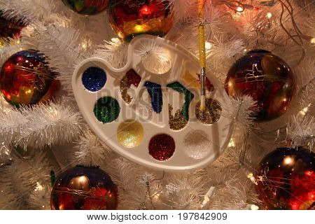 Christmas decorations on white Christmas tree exhibit