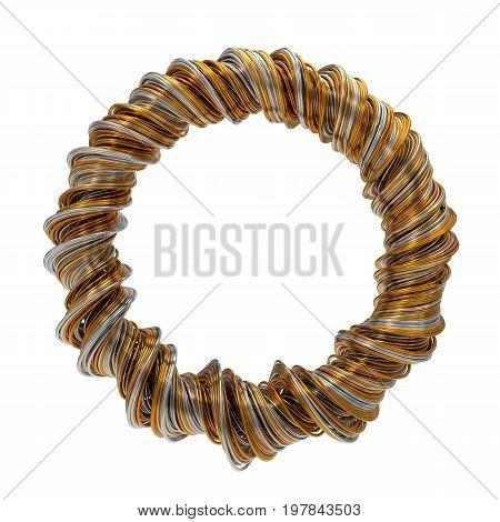 3d illustration of twisting gold and steel wires isolated on white.