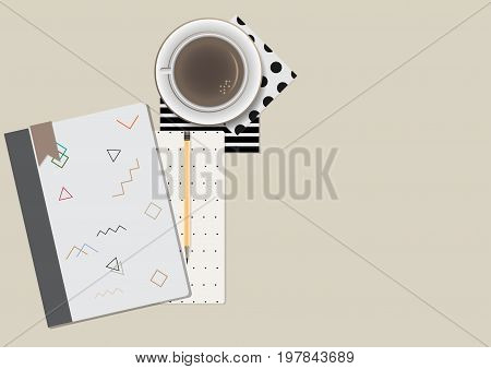 coffee and a book on background. top view illustration.