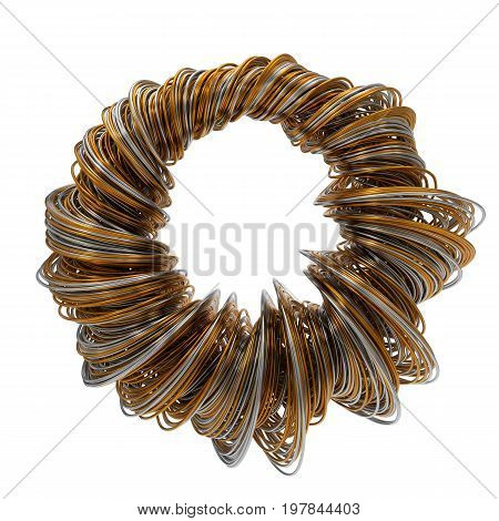 3d illustration of twisting gold and steel wires isolated on white.