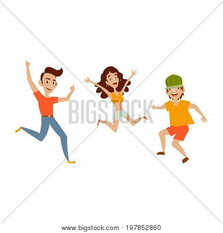 Vector set of teenagers in casual clothing funny dances. Flat cartoon illustration isolated on a white background. Young girl and boys have fun dancing and smiling cheerfully.
