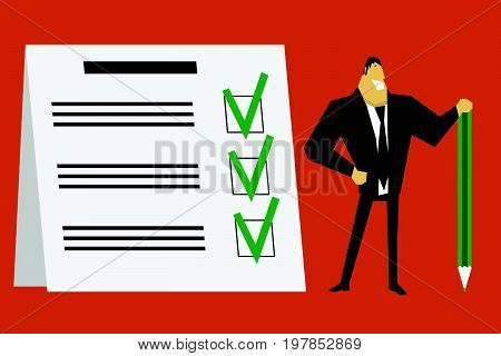 Businessman holding a green pencil near at completed checklist on clipboard. Vector illustration.