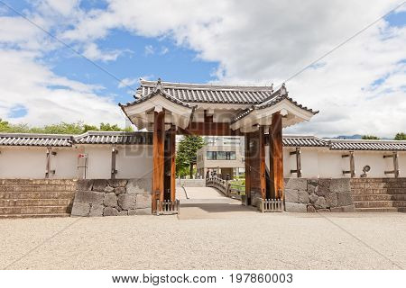 YAMAGATA JAPAN - MAY 28 2017: Reconstructed (1991) Outer Eastern Main Gate of Second Bailey of Yamagata Castle (founded in 1356). National historical site of Japan since 1986