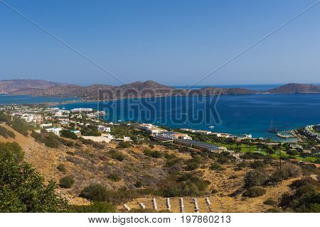 Panoramic view at Mirabello bay and town of Elounda, Crete. Greece