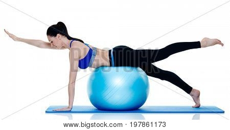 one caucasian woman exercising fitness pilates exercices isolated on white background