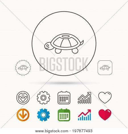 Turtle icon. Tortoise sign. Tortoiseshell symbol. Calendar, Graph chart and Cogwheel signs. Download and Heart love linear web icons. Vector