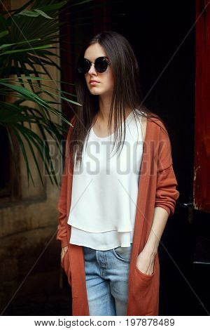 Close Up Portrait Young Girl In White Shirt Jeans And Sunglasses