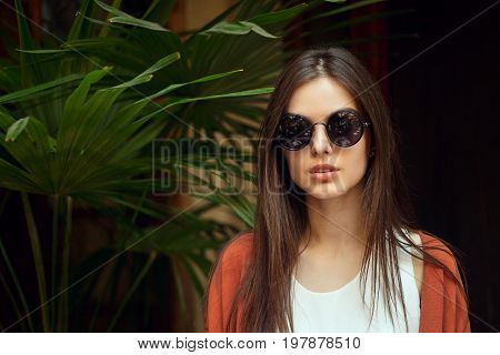 Close Up Portrait Young Girl In White Shirt Jeans And Sunglasses