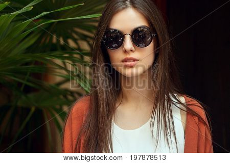 Close Up Portrait Young Girl In White Shirt Jeans And Sunglasses