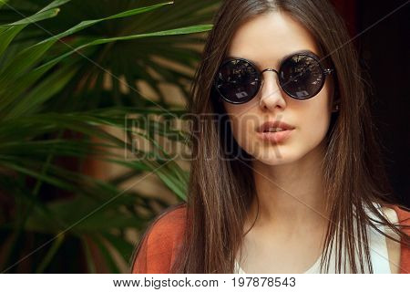 Close Up Portrait Young Girl In White Shirt Jeans And Sunglasses