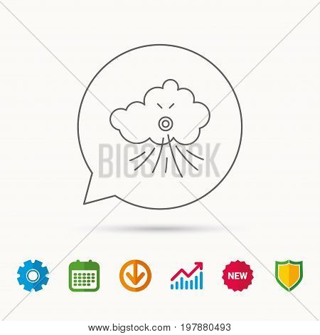 Wind icon. Cloud with storm sign. Strong wind or tempest symbol. Calendar, Graph chart and Cogwheel signs. Download and Shield web icons. Vector