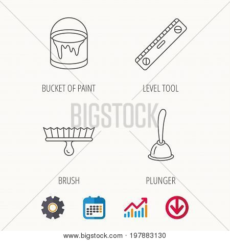 Level tool, plunger and brush tool icons. Bucket of paint linear sign. Calendar, Graph chart and Cogwheel signs. Download colored web icon. Vector