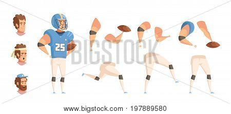 Sportsman constructor retro cartoon set with flat male ballplayer character in uniform heads hands and legs vector illustration