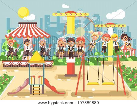 Stock vector illustration of cartoon characters children schoolboys schoolgirls classmates resting in amusement park ride on swing, chain or horses carousel, roller coaster, extreme rest in flat style