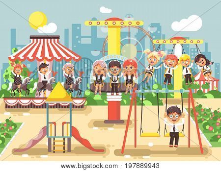 Stock vector illustration of cartoon characters children schoolboys schoolgirls classmates resting in amusement park ride on swing, chain or horses carousel, roller coaster, extreme rest in flat style