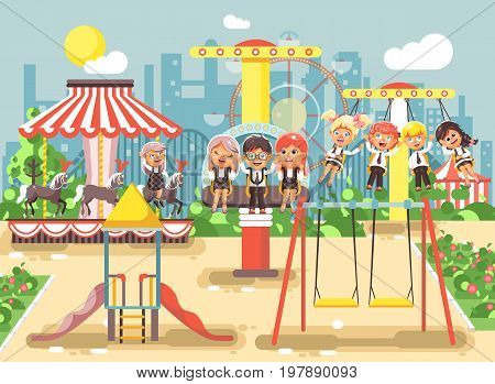 Stock vector illustration of cartoon characters children schoolboys schoolgirls classmates resting in amusement park ride on swing, chain or horses carousel, roller coaster, extreme rest in flat style