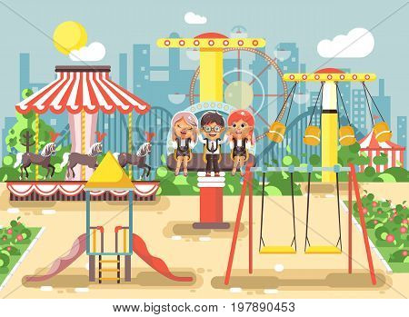Stock vector illustration of cartoon characters children schoolboys schoolgirls classmates resting in amusement park ride on swing, chain or horses carousel, roller coaster, extreme rest in flat style