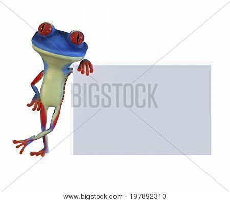 3d illustration of a blue cartoon frog leaning on a whiteboard.