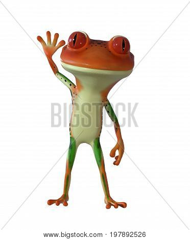 3d illustration of an orange cartoon frog waving with one hand