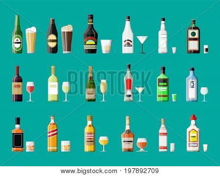 Alcohol drinks collection. Bottles with glasses. Vodka champagne wine whiskey beer brandy tequila cognac liquor vermouth gin rum absinthe sambuca cider bourbon. Vector illustration in flat style