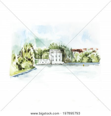 Watercolor painting showing a landscape in Czech Republic, Prague at summer time, with blue sky, clouds, green glade with bushes and trees. Hand drawn nature european background