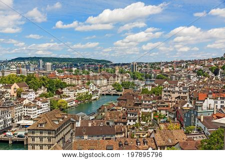 View over Zurich old traditional houses downtown near river limat