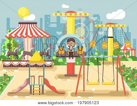 Stock vector illustration of cartoon character lonely boy child schoolboy resting in empty amusement park ride on swing, chain or horses carousel, roller coaster, extreme rest in flat style