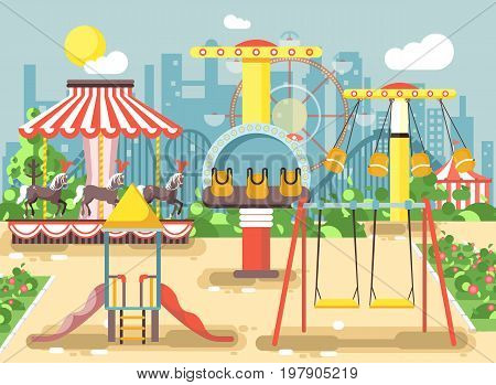Stock vector illustration of empty amusement park outdoor with swings, chain or horses carousels, carnival fair roller coaster, entertainment and recreation, extreme rest in flat style