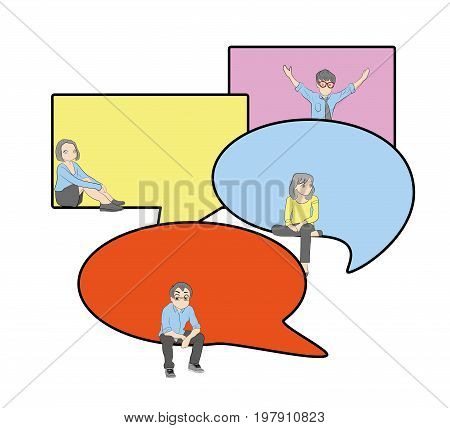 Chat talk addiction concept illustration of young people using smartphones for sending messages to each other via messenger. Flat guy and woman sitting on the big speech bubbles and typing messages