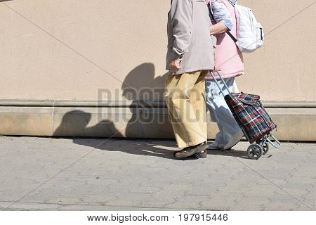 Old couple who is walkinkg together with bag on wheels