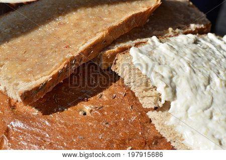 Fresh rye bread. Slice of bread with paste. Czech Republic.