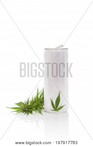 Marijuana drink in silver clean can isolated on white background. Cannabis energy drink.