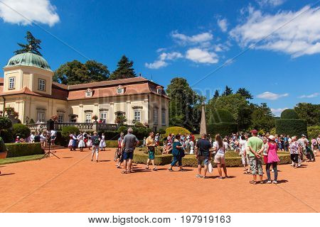 Buchlovice Czech Republic July 29 2017: Baroque chateau Buchlovice whose construction started before 1700. Opening of gardens on the occasion of traditional celebrations of the garlic harvest.