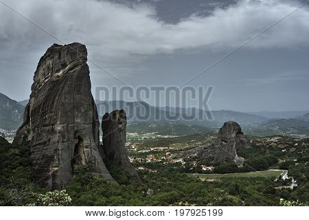 Meteora rocks from sandstone and conglomerate in Greece on the Thessalian plain