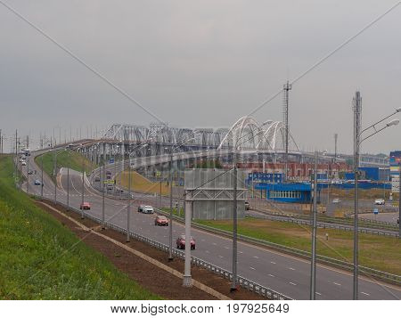 Bridges on Volga river in Nizhniy Novgorod with new Borsky bridge for cars