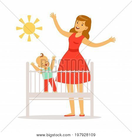 Little baby is in the crib woke up in the morning, mother and little baby in the bedroom enjoying the sun colorful vector Illustration on a white background