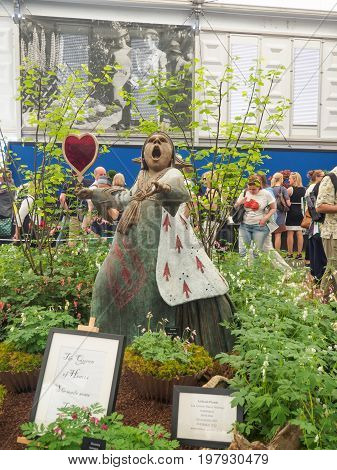 LONDON UK - MAY 25 2017: RHS Chelsea Flower Show 2017. The Queen of Hearts sculpture at the Letham Plants display in the Great Pavilion.