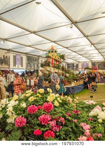 LONDON UK - MAY 25 2017: RHS Chelsea Flower Show 2017. Visitors observing displays in the Grand Pavilion.