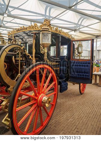 LONDON UK - MAY 25 2017: RHS Chelsea Flower Show 2017. View of the Australian State Coach in the Great Pavillion.