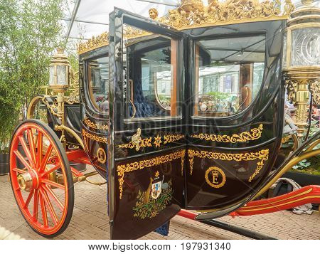 LONDON UK - MAY 25 2017: RHS Chelsea Flower Show 2017. View of the Australian State Coach in the Great Pavillion.