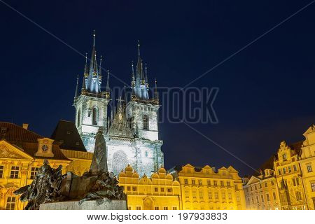 Church of Our Lady Tyn and Jan Hus statue from Old Town Square Staromestska Prague at night
