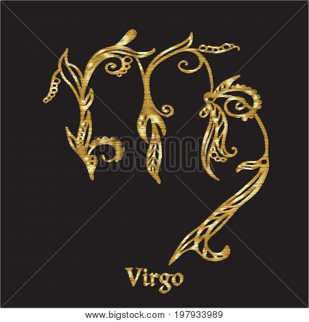 Embroidery with zodiac sign. In gold on black background.  Stock line vector illustration.