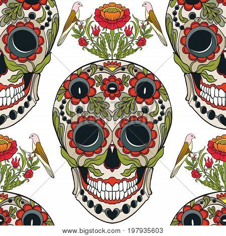 Seamless pattern, background with sugar  skull and floral pattern. Stock line vector illustration.
