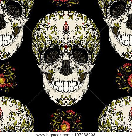 Seamless pattern, background with sugar  skull and floral pattern. Stock line vector illustration.