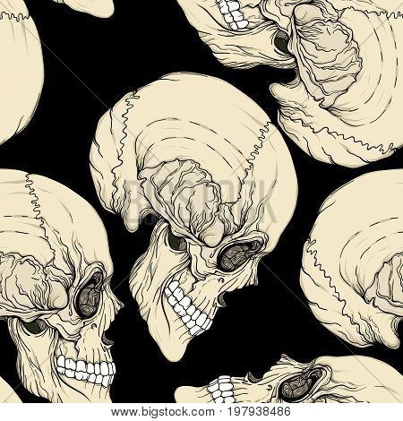 Seamless pattern, background with human skull. Stock line vector illustration.