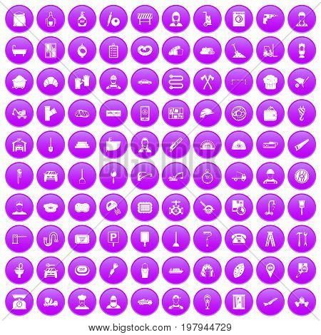100 working professions icons set in purple circle isolated vector illustration