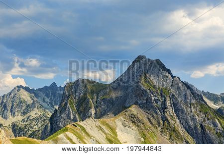 Impressive peaks in Neouvielle Massif in Pyrenees Mountains seen from Col du Tourmalet.