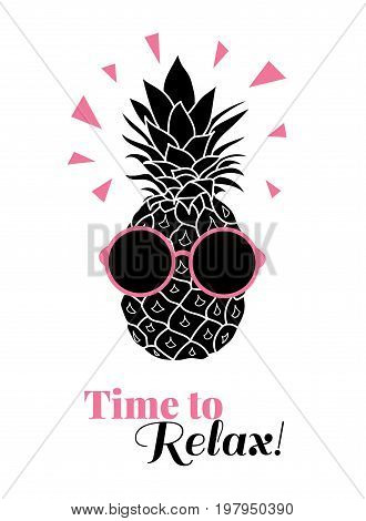 Time to relax vector pineapple wearing colorful sunglasses on summer vacation tropical lement. Great for vacation themed prints, gifts, packaging. Great for vacation themed prints, gifts, packaging. Fun illustration.