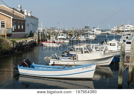 Wickford Rhode Island USA - September 3 2007: Small boats lining waterfront in Wickford Cove